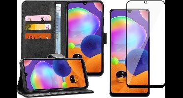 Hoesje geschikt voor Samsung Galaxy A31 - Screen Protector FullGuard - Book Case Kunstleer Pasjeshouder Zwart & Screenprotector