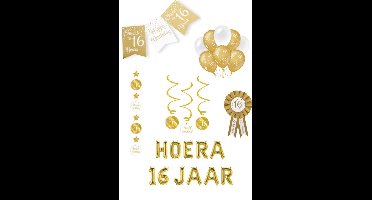 16 jaar verjaardag versiering pakket - goud wit - ballon - vlag - paperdreams