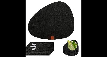KitchenLove Placemats - 6 Stuks - 31 x 38 cm - Met Glazenonderzetters en Bestekzakjes - Vilt Stof - Ovaal - Zwart