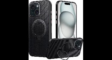 Hoesje geschikt voor iPhone 15 Magsafe hoesje met Carbon uitvoering - 360° Draaibare Magnetische Standaard - Back Cover Kickstand Ring – Zwart