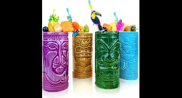MikaMax Tiki Mugs - Cocktail Glazen - Hawaii – Cocktail Set - Mok - Keramiek- Set van 4 - Vaatwasser bestendig - 330ML