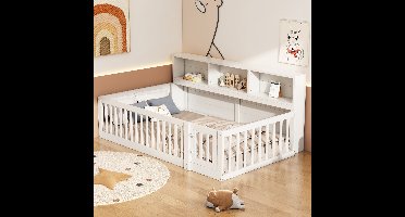 Gutent Kinderbed, Wit (Zonder matras), Dagbed 90*200 cm, met Opbergvak, Bedframe met Lattenbodem, Relingen, grenenhout