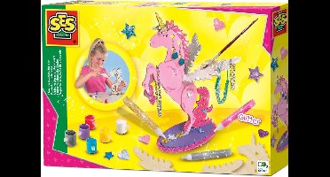 SES - Unicorn sieradenstandaard - houten onderdelen - met 6 kleuren verf, penseel en (glitter)lijm - makkelijk uitwasbaar - Unicorn Knutselen