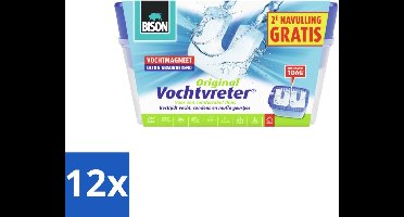 Bison - Original - Vochtvreter - Houder met Vochtmagneet - 900 Gram - Extra navulling - Geurloos - Voordeelverpakking - 12 stuks
