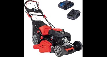 Scheppach Grasmaaier Benzine met hybride start M225-56E - Zelfrijdend - Mulchfunctie - 56cm maaibreedte - Maaihoogte in 7 stappen verstelbaar: 25-75mm - 4-takt - 224cc - 6pk - Voor tuinen tot 2200m² - met 65L opvangbak