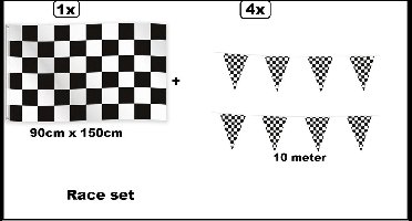 4x Vlaggenlijn race/ finish 10meter + Race vlag 150cm x 90cm - Race formule festival thema feest Grandprix Zandvoort Spa