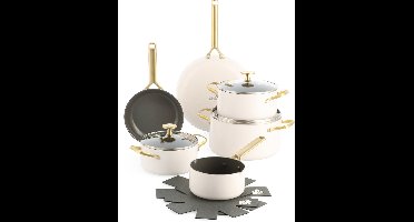 BK Sublime 11-delige pannenset met deksels - PFAS vrij - cream white - gouden stainless steel handgrepen - ovenbestendig tot 220°C