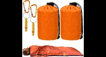 2 stuks - Noodslaapzak - Survival Slaapzak - Emergency Sleeping Bag - thermische bivakzakhoes - overlevingsonderkomen - Outdoor slaapzak - oranje - met fluitje en karabijnhaak - 210x90cm