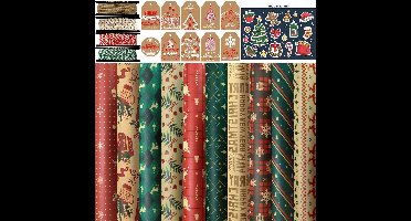 oCreon Kerstcadeaupapierset 10 rollen papier - 10 cadeaulabels - koorden van linnen & katoen voor kerst