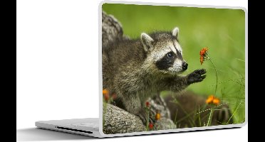 Laptop sticker - 13.3 inch - Wasbeer - Bloemen - Oranje - 31x22,5cm - Laptopstickers - Laptop skin - Cover