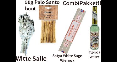 Combinatiepakket - Spiritueel & Ontspanning - 1 stuk Florida Water - 221 ml - 1 stuk Palo Santo Heilige Houtjes - 50 gram - 1 stuk Satya Witte Salie Wierook Stokjes - 15 gram - 1 stuk Witte Salie Smudge Fakkel