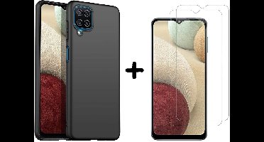 Screenprotector Geschikt voor Samsung Galaxy A12 siliconen cover - Galaxy A12 TPU Back case Zwart met Galaxy A12 met Screenprotector 2 stuks