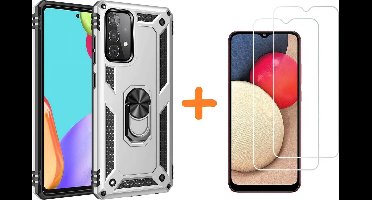 Hoesje Geschikt Voor Samsung Galaxy A02s Hoesje kickstand Armor met Ring houder TPU backcover hoesje - Zliver met Galaxy A02S screenprotector 2 pack