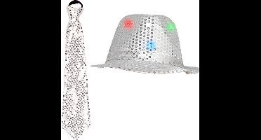 Smiffys Verkleedkleding set zilver LED light hoedje/stropdas volwassen