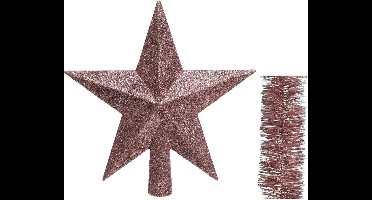 Kerstversiering kunststof glitter ster piek 19 cm en folieslingers pakket oud roze van 3x stuks - Kerstboomversiering
