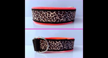 Sliphalsband - Maat XXL - 5 cm breed - Zwart - Panterprint - Neon roze voering - Halfcheck halsband - Halsband - Hondenhalsband - Sterke rassen