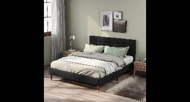 Gestoffeerd bed, tweepersoonsbed met lattenbodem- 140x200cm gestoffeerd bed met hoofdeinde- in zwart linnen- voor volwassenen&jeugd (matras niet inbegrepen)