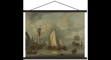 Posterhanger incl. Poster 60x45 cm - Schoolplaat - Schepen in de haven bij kalm weer - Schilderij van Jan Claesz. Rietschoof - Textielposter - Zwarte latten