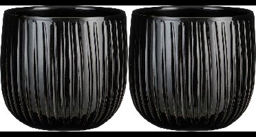 Mica Decorations - plantenpot/bloempot - 2x - zwart ribbels - D25/H20 cm