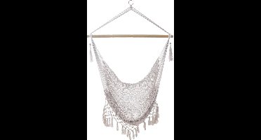 Intirilife Macrame katoenen hangstoel in beige met gefranjerde rand - Comfortabel, ruimtebesparend en ademend zitmeubel voor volwassenen en kinderen binnen en buiten