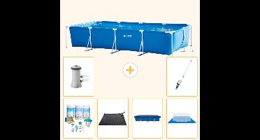Intex Rechthoekig Frame Zwembad - 450 x 220 x 84 cm - Blauw - Inclusief Onderhoudspakket - Solar Mat - Afdekzeil - Grondzeil - Zwembadfilterpomp - Stofzuiger - 7-delig