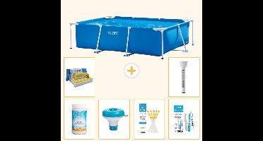 Intex Rechthoekig Frame Zwembad - 220 x 150 x 60 cm - Blauw - Inclusief Chloor - Chloordrijver - Testrips - Reparatiesetje - Scrubborstel - Thermometer - 7-delig