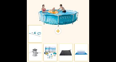 Intex Rond Frame Zwembad - 305 x 76 cm - Waterprint - Inclusief Pomp - Onderhoudspakket - Solar Mat - Grondzeil - Schoonmaakset - 6-delig