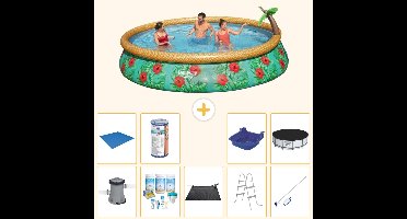 Bestway Rond Opblaasbaar Fast Set Zwembad - Paradijsprint - 457 x 84 cm - Inclusief Pomp - Onderhoudspakket - Solar Mat - Ladder - Schoonmaakset - Grondzeil - Filter - Voetenbad - Afdekzeil - 10-delig