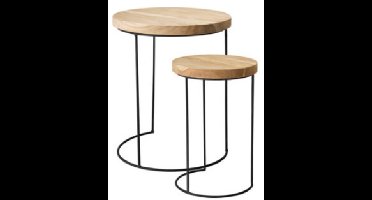 Bijzettafel Salontafel metalen Frame - Tafelblad teak - set 2 stuks