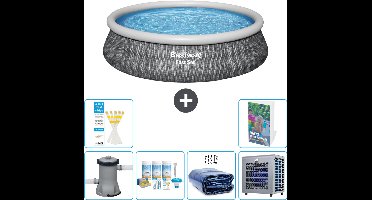 Bestway Rond Opblaasbaar Fast Set Zwembad - Rotanprint - 457 x 84 cm - Inclusief Pomp - Onderhoudspakket - Solarzeil - Warmtepomp - 7-delig