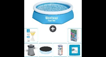 Bestway Rond Opblaasbaar Fast Set Zwembad - 244 x 61 cm - Blauw - Inclusief Pomp - Afdekzeil - Filter - Vloertegels - 7-delig