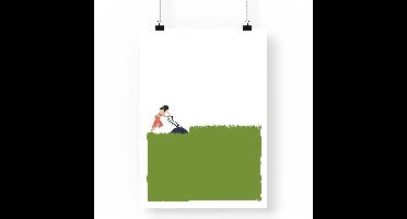 Artprint De Groene Tuinierster - Gras maaien illustratie in A4 formaat - Poster met dame die gras maait