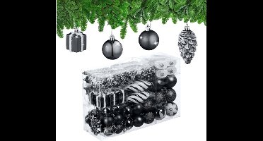 Kerstballen Set 72 Stuks - Glitterend - Mat - Glanzend - Kerstboom Decoratie - Harten - Sokken - Kunststof - Zwart