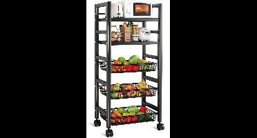 Velox Goods VL-518 Keukenplanken – Stevig Opbergrek met 5 Lagen – Verrijdbaar Metalen Keukenrek met Gaasmanden – Geschikt voor Magnetron, Fruit, Groente & Keukenapparatuur – Zwart – 58x36x127 cm