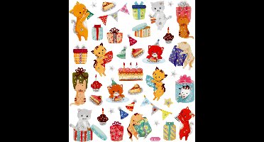 Stickers Verjaardag Katten - Feestelijke Katten Stickers - Zelfklevende Stickervellen - DIY Versiering - Kaarten Maken & Scrapbooking - 15x16,5 cm