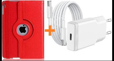 Hoes geschikt voor iPad 2025 hoes Rood -iPad A16 hoes 11th Generation 11 Inch 2025 draaibare bookcase 360° Case met USB C Adapter - USB C oplader- Slim Snellader 20W Met USB C Kabel 1m - Ntech COMBI-SET