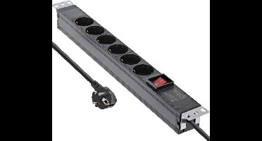 InLine 19'' stekkerdoos - CEE 7/7 - 6x CEE 7/3 - met schakelaar / extra montage-opties / zwart - 2 meter