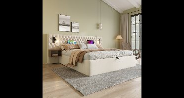 Gutent-Gestoffeerd bed met hydraulische opberging-tweepersoonsbed 160x200 cm met 2 nachtkastjes-beige-fluweel (zonder matras)