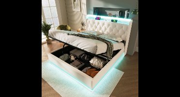 Gutent-Gestoffeerd bed 180x200 cm-tweepersoonsbed-360 graden surround LED-functie-drukknop/app/afstandsbediening-wit-zonder matras