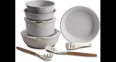 Kookset met afneembare handvatten - 2 koekenpannen 2 sauspannen 1 friteuse 2 deksels