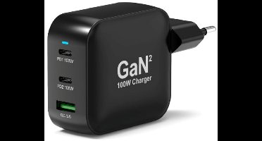 Port Designs 902100PEU - GaN-technologie - 100 Watt - 3x USB-C - Met 1 USB-C kabel van 2 meter - 3 uitgangsaansluitingen