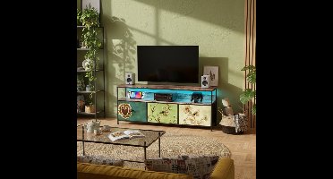 TV Meubel 137cm met LED Verlichting & 3 Stoffen Lades (Bloemenprint) - ADFBL - Industriële Mediatafel - Smal Dressoir met Verstelbare Poten - Retro kleur