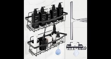 Boraboi® Set van Drie Zelfklevende Doucheplanken met Wisser en Haken,Zwart,32*14*10 cm