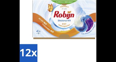 12 x Robijn - 3-in-1 Stralend Wit - Wascapsules - 15 Wasbeurten - Witte Was - Wascapsules - Wasmiddel - Vlekken Verwijderen - Frisse Geur