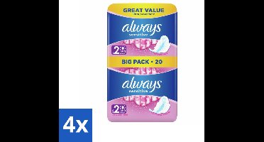 4 x Always - Maandverband - Long - Sensitive - 20 Maandverband - Maandverband - Maandverband Gevoelige Huid - Always Sensitive - Ultra Lang - Extra Bescherming