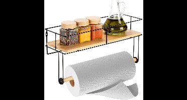 Keukenrolhouder met Plank Metaal Zwart 37x12,5x18,5cm - Papieren Handdoekenrek - Rollenhouder Hangend - Houder