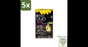 5 x Garnier - Olia 3 - Haarkleuring - Donkerbruin - Zonder Ammoniak - Intense Langhoudende Kleur - 100% Grijsdekking - Grootverpakking - Haarkleuring - Permanent Haarkleuring - Donkerbruin Haarkleur - Zonder Ammoniak - 100% Grijsdekking