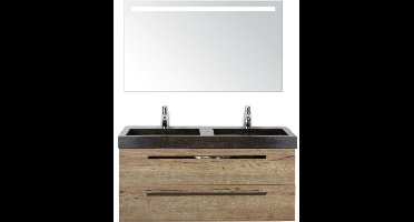 Seville Badmeubelset 120 cm - 2 Laden Natuur Eiken - Wastafel Lucca Dubbel met Sence Spiegel