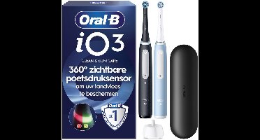 Oral-B iO 3 Duopack Elektrische Tandenborstels Zwart en Lichtblauw - 2 Opzetborstels - 1 Reisetui