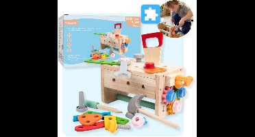 Mauzek® Kinder Gereedschapskist - Montessori speelgoed - 37-delig - Kinder gereedschap - Houten speelgoed - Werkbank speelgoed - Educatief speelgoed - Sensorisch speelgoed - Peuter speelgoed - Kleuter - Jongens - 3 jaar - 4 jaar - 5 jaar - 6 jaar